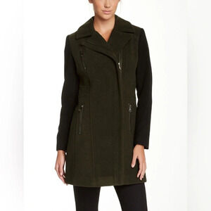 Andrew Marc Pixie Wool Blend Heavy Coat Zip Up Moto Jacket In Loden size 8